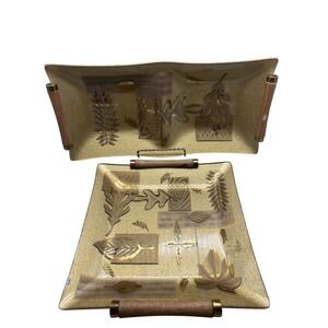 Mid-Century Modern Colony Glass "Leaf" Glass & Teak‎ Handled Gold Leaf Tray
